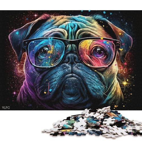 Puzzle 1000 Teile für Erwachsene, Mops mit Brille, Puzzle für Erwachsene, Kartonpuzzle, Lernspiele, Heimdekorationspuzzle (Größe 38 * 26 cm) von LiJianXXL