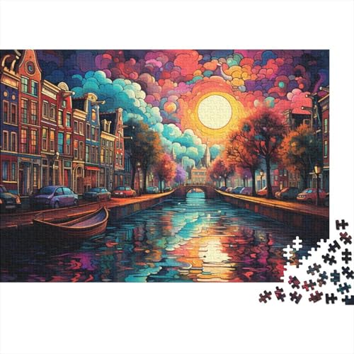 Puzzle Bunte Psychedelie im Amsterdamer Grachtenviertel, 1000-teiliges Puzzle für Erwachsene, Holzpuzzle für Erwachsene und Kinder ab 12 Jahren, Spielzeug, Denkspiel, 50 x 75 cm von LiJianXXL