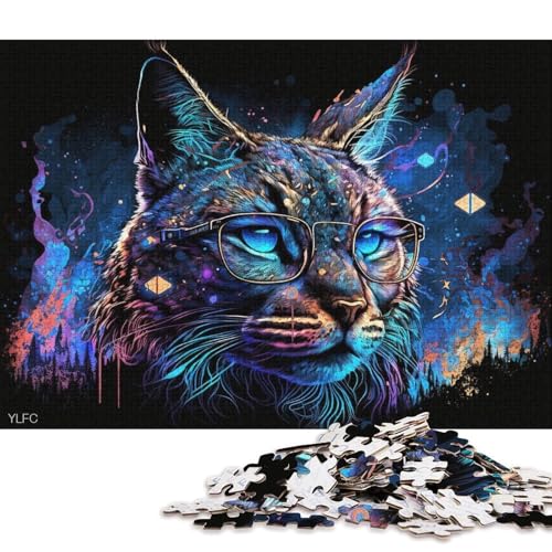 Puzzle für Erwachsene, 1000 Teile, Farbiger Luchs mit Brille, Puzzle für Erwachsene, Holzpuzzle, Familienspiele (Größe 75 * 50 cm) von LiJianXXL