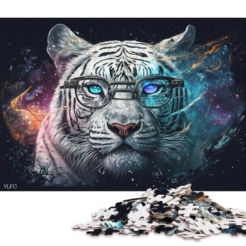 Puzzle für Erwachsene, 1000 Teile, Weißer Tiger mit Brille, Puzzle für Erwachsene, Holzpuzzle, anspruchsvoll, Aber unterhaltsam und humorvoll (Größe 75 * 50 cm) von LiJianXXL