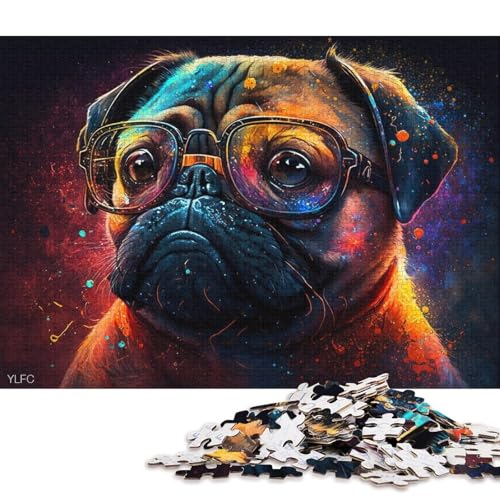 Puzzle für Erwachsene, Mops mit Brille, 1000-teiliges Puzzle, Holzpuzzle für Erwachsene und Kinder ab 12 Jahren, Weihnachtspuzzlegeschenke für Frauen (Größe 75 * 50 cm) von LiJianXXL