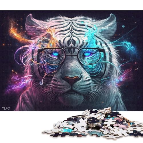 1000-teiliges Puzzle für Erwachsene, weißer Tiger mit Brille, Puzzle für Erwachsene, Kartonpuzzle, tolles Geschenk für Erwachsene (Größe 38 * 26 cm) von LiJianXXO