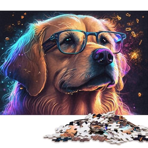 Puzzle 1000 Teile für Erwachsene, Golden Retriever mit Brille, Puzzle für Erwachsene, Holzpuzzle, tolles Geschenk für Erwachsene (Größe 75 * 50 cm) von LiJianXXO