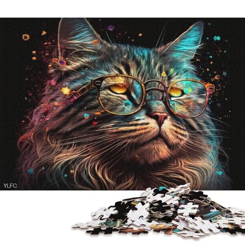 Puzzle 1000 Teile für Erwachsene, Maine-Coon-Katze mit Brille, Puzzle für Erwachsene, Holzpuzzle, tolles Geschenk für Erwachsene (Größe 75 * 50 cm) von LiJianXXO