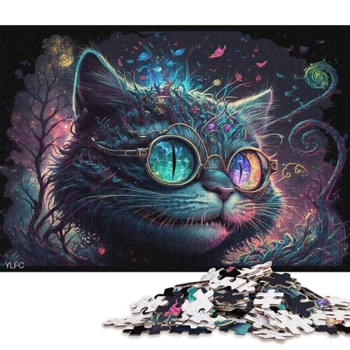 Puzzle 1000 Teile für Erwachsene, Psychedelische Katze mit Brille, Puzzle für Erwachsene, Holzpuzzle, Heimkunstdekor (Größe 75 * 50 cm) von LiJianXXO