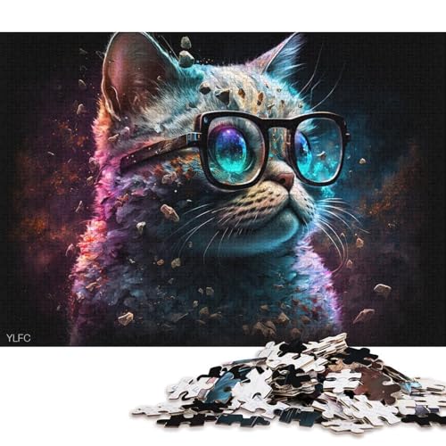 Puzzle 1000 Teile für Erwachsene, buntes Kätzchen mit Brille, Puzzle für Erwachsene, Holzpuzzle, tolles Geschenk für Erwachsene (Größe 75 * 50 cm) von LiJianXXO