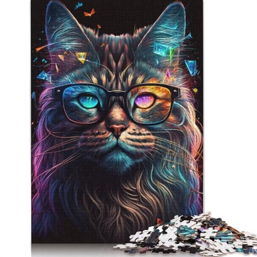 Puzzle-Geschenke für Erwachsene, Maine-Coon-Katze mit Brille, Puzzle für Erwachsene, 1000 Teile, Holzpuzzle für Erwachsene und Kinder ab 12 Jahren, Familienaktivität, Größe: 75 x 50 cm von LiJianXXO