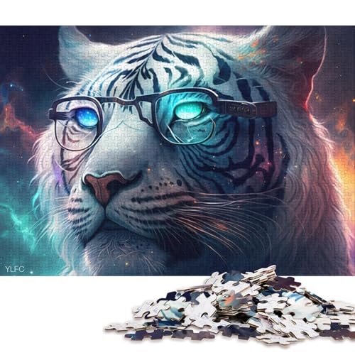 Puzzle für Erwachsene, weißer Tiger mit Brille, Puzzle für Erwachsene, 1000-teiliges Kartonpuzzle für Erwachsene und Kinder, Stressabbau-Spielzeug 38x26cm/1000 Teile von LiJianXXO