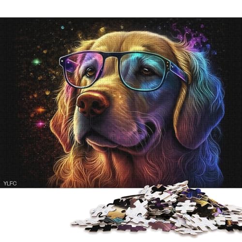 Puzzle für Erwachsene 1000 Teile, Golden Retriever mit Brille, Puzzle für Erwachsene, Holzpuzzle, Heimdekoration (Größe 75 * 50 cm) von LiJianXXO