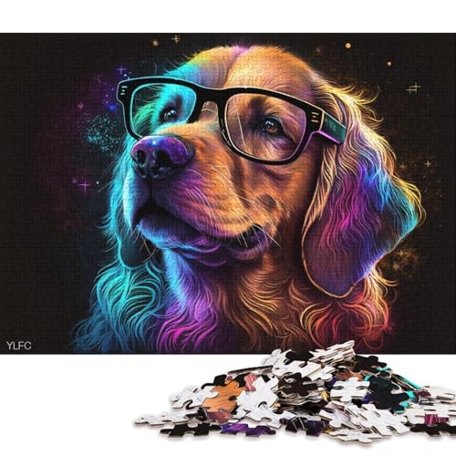 Puzzle für Erwachsene mit 1000 Teilen, Golden Retriever mit Brille, Puzzle für Erwachsene, Holzpuzzle, lustige Puzzlespiele (Größe 75 * 50 cm) von LiJianXXO