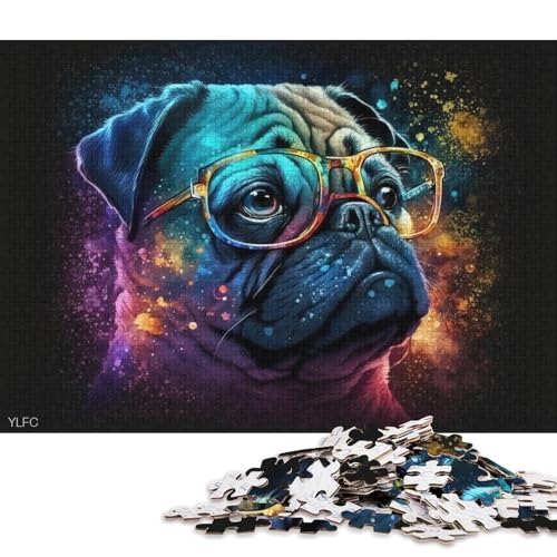 für Erwachsene Puzzle Mops mit Brille 1000-teiliges Puzzle für Erwachsene und Kinder ab 12 Jahren Kartonpuzzle Denkspiel 38x26cm/1000 Teile von LiJianXXO