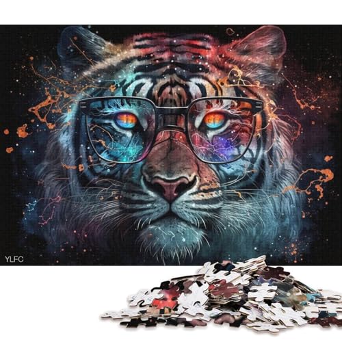 1000-teiliges Puzzle, Lernspiele, Tiger mit Brille, Puzzle aus Holz, Familienunterhaltungsspielzeug (Größe 75 * 50 cm) von LiJianXXR