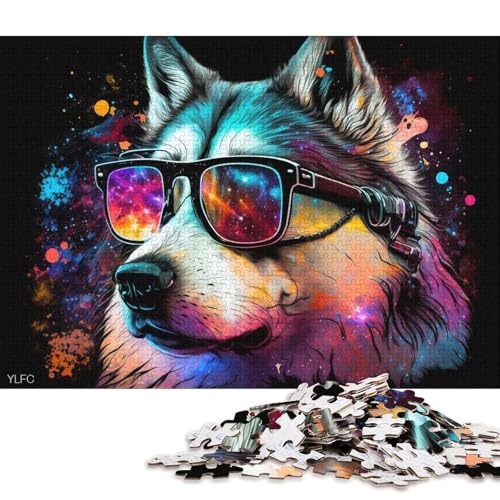 1000-teiliges Puzzle Husky trägt Brille, Puzzle für Erwachsene, Kartonpuzzle, Lernspiel für Erwachsene und Kinder (Größe 38 * 26 cm) von LiJianXXR