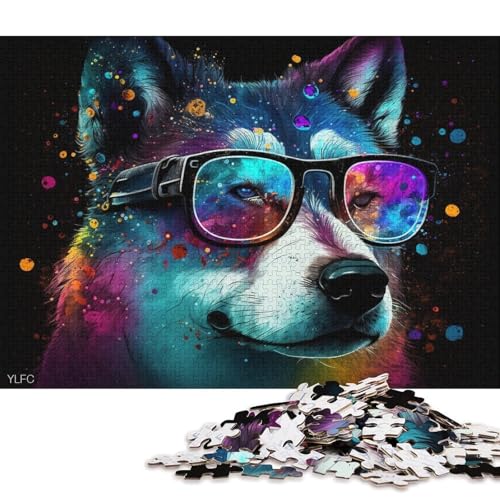 1000-teiliges Puzzle Husky trägt Brille, Puzzle für Erwachsene, Kartonpuzzle, Lernspiel für Erwachsene und Kinder (Größe 38 * 26 cm) von LiJianXXR