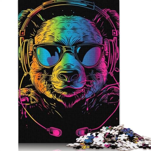 1000-teiliges Puzzle Panda mit Kopfhörern, Puzzle für Erwachsene, Kartonpuzzle, tolle Geschenke für Weihnachten, Größe 38 x 26 cm von LiJianXXR