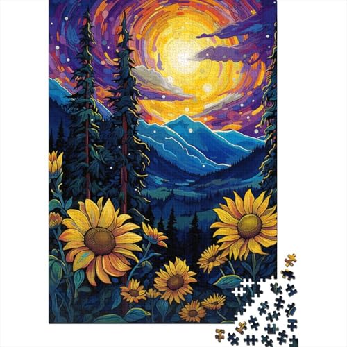 1000-teiliges Puzzle Sonnenblumen unter Nachtlicht Puzzle für Erwachsene Holzpuzzle Denksport-Puzzle für Erwachsene 50x75 cm von LiJianXXR