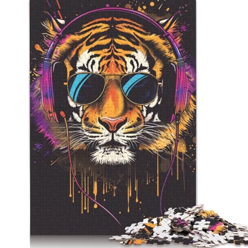 1000-teiliges Puzzle Tiger mit Kopfhörern, Puzzles für Papppuzzles, Lernspiele, Heimdekorationspuzzle, Größe 38 x 26 cm von LiJianXXR