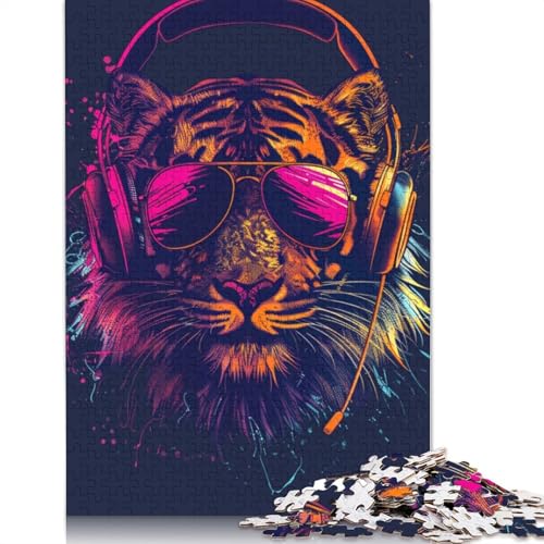 1000-teiliges Puzzle Tiger mit Kopfhörern, Puzzles für Papppuzzles, Lernspiele, Heimdekorationspuzzle, Größe 38 x 26 cm von LiJianXXR