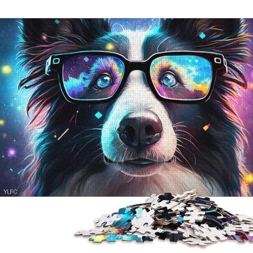 1000-teiliges Puzzle für Erwachsene, Border Collie mit Brille, Puzzle für Erwachsene, Kartonpuzzle, schwierig und herausfordernd (Größe 38 * 26 cm) von LiJianXXR