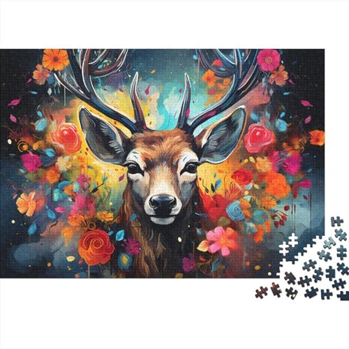 Puzzle, farbenfrohes psychedelisches Kunst-Blumen-Hirsch-Puzzle, 1000 Teile, Holzpuzzle für Erwachsene und Kinder ab 12 Jahren, Entspannungspuzzle-Spiele, 50 x 75 cm von LiJianXXR