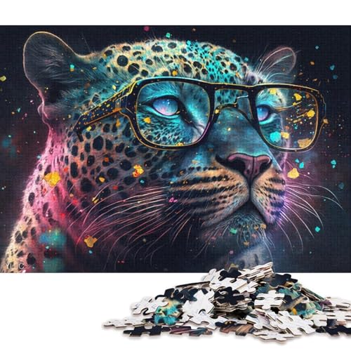 Puzzle 1000 Teile, Bunter Leopard mit Brille, Puzzle für Erwachsene, Puzzle, Holzpuzzle, Lernspiele, Heimdekorationspuzzle. (Größe 75 * 50 cm) von LiJianXXR