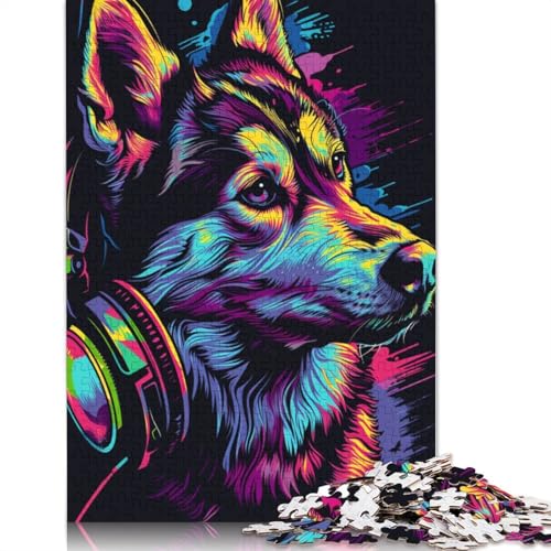 Puzzle 1000 Teile, Siberian Husky mit Kopfhörern, Puzzles für Erwachsene und Kinder, Holzpuzzle, Familienaktivität, Größe 75 x 50 cm von LiJianXXR