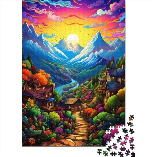 Puzzle 1000 Teile, farbenfrohes psychedelisches Bergdorf, Puzzle für Kinder, Holzpuzzle, Familienaktivität, 50 x 75 cm von LiJianXXR