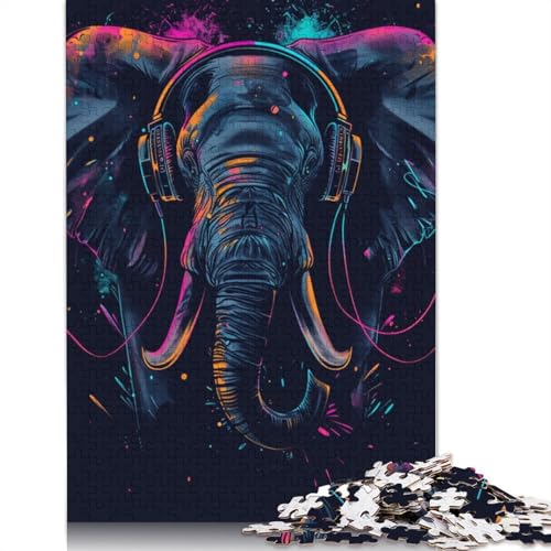 Puzzle 1000 Teile Puzzle für Erwachsene und Kinder, Elefant mit Kopfhörern, Puzzle für Erwachsene, Kartonpuzzle, Lernspiel, Größe 38 x 26 cm von LiJianXXR