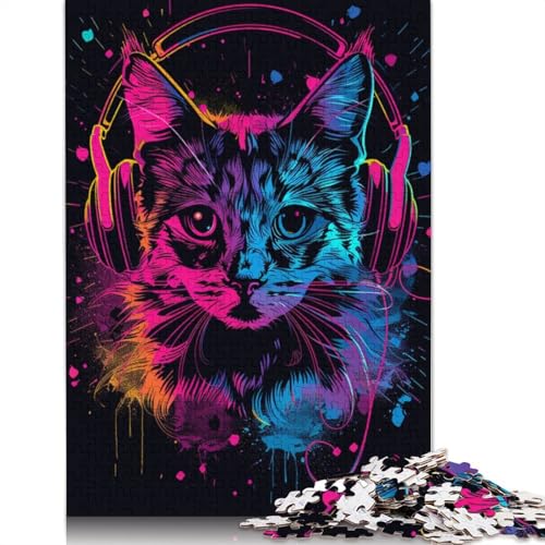 Puzzle 1000 Teile Puzzle für Erwachsene und Kinder, Katze mit Kopfhörern und Sonnenbrille, Puzzle für Erwachsene, Kartonpuzzle, Lernspiel, Größe 38 x 26 cm von LiJianXXR