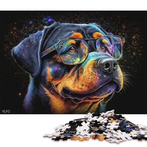 Puzzle 1000 Teile für Erwachsene, Bunter Rottweiler mit Brille, Puzzle aus Holz, Puzzlespielzeug, Wanddekoration (Größe 75 * 50 cm) von LiJianXXR