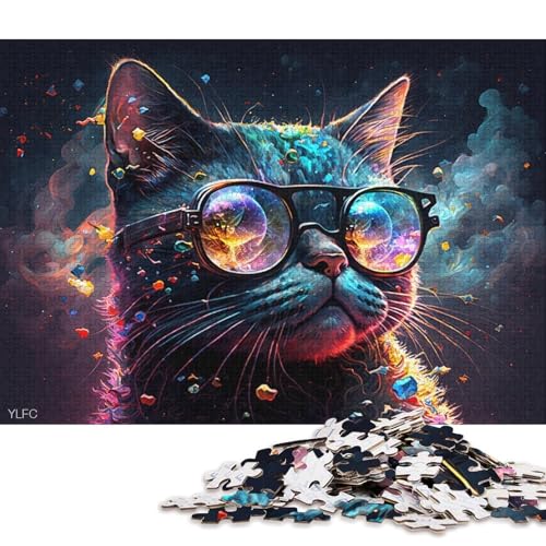 Puzzle 1000 Teile für Erwachsene, Buntes Kätzchen mit Brille, Puzzle für Kinder, Papppuzzle, tolles Geschenk für Erwachsene (Größe 38 * 26 cm) von LiJianXXR