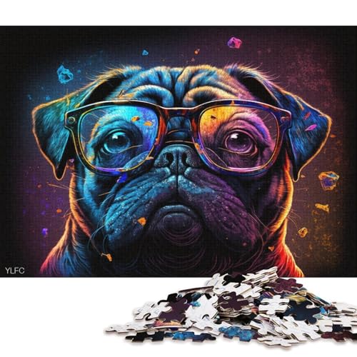 Puzzle 1000 Teile für Erwachsene, Mops mit Brille, Puzzle aus Holz, Puzzlespielzeug, Wanddekoration (Größe 75 * 50 cm) von LiJianXXR