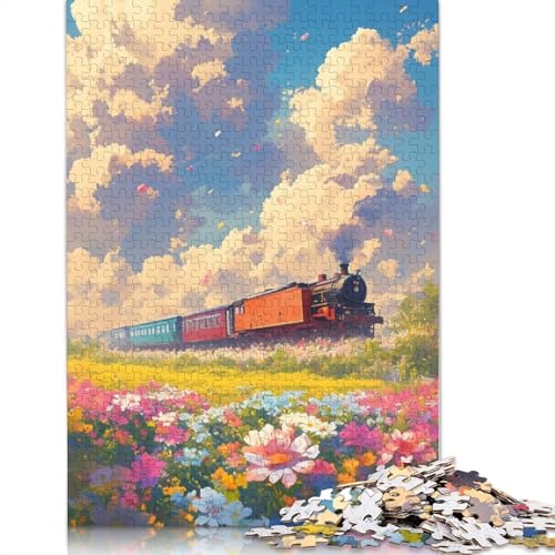 Puzzle 1000 Teile für Erwachsene, Zug in den Blumen, Puzzle für Erwachsene, Holzpuzzle für Sommerliebhaber, Größe 75 x 50 cm von LiJianXXR