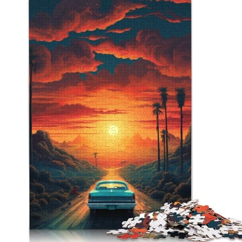 Puzzle für Erwachsene, 1000 Teile, Autofahren unter Sonnenuntergang, Puzzle für Erwachsene, Holzbrettpuzzle, Lernspiel, Herausforderungsspielzeug, Größe 75 x 50 cm von LiJianXXR