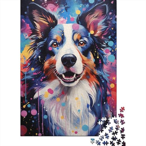 Puzzle für Erwachsene 1000 Teile, farbenfrohes psychedelisches Gemälde eines Collie-Hundes, Puzzle für Erwachsene, Holzpuzzle, Lernspiel für Erwachsene und Kinder, 50 x 75 cm von LiJianXXR