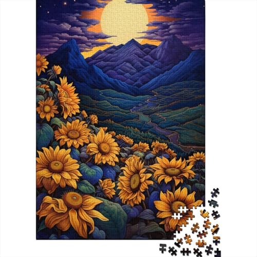 Puzzle für Erwachsene Sonnenblumen unter Nachtlicht 1000-teiliges Puzzle Holzpuzzle für Erwachsene und Kinder ab 12 Jahren Entspannendes geistiges Lernspielzeug 50x75 cm von LiJianXXR