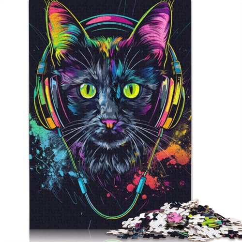 Puzzle mit 1000 Teilen, Katze mit Kopfhörern und Sonnenbrille, Puzzle für Erwachsene, Papppuzzle, tolle Geschenke für Weihnachten, Größe 38 x 26 cm von LiJianXXR