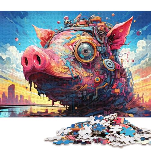 Puzzle mit 1000 Teilen, farbenfrohes Roboterschwein-Puzzle für Erwachsene und Kinder, Holzpuzzle, Familienaktivität 75x50cm/1000 Teile von LiJianXXR