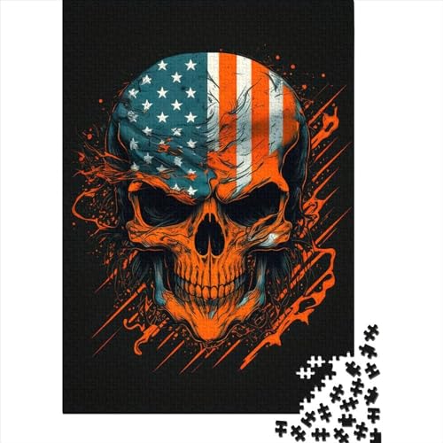 Totenkopf mit amerikanischer Flagge, 1000 Puzzles für Erwachsene, 1000 Teile, Holz, Premium-Puzzle, 1000-teiliges Puzzle für Erwachsene Teenager (Größe 75x50 cm) von LiJianXXR