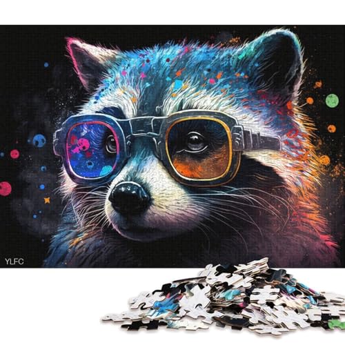 Lustiges Puzzle für Erwachsene, 1000 Teile, Bunter Waschbär mit Brille, Puzzle für Erwachsene, Kartonpuzzle, anspruchsvolles Spiel (Größe 38 * 26 cm) von LiJianXXS