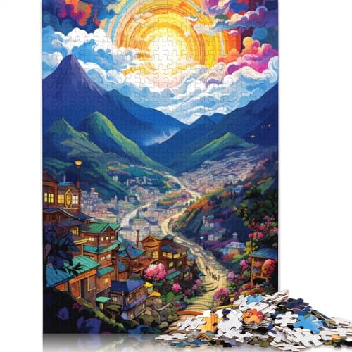 Puzzle, farbenfrohes psychedelisches Bergdorf, 1000-teiliges Puzzle für Erwachsene, Kartonpuzzle für Erwachsene und Kinder, Denkspiel, 38 x 26 cm von LiJianXXS