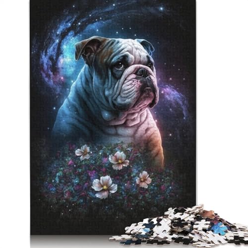 Puzzle 1000 Teile für Erwachsene, Bulldogge mit Blumen, Puzzle für Erwachsene und Kinder, Holzpuzzle, tolles Geschenk für Erwachsene, Größe: 75 x 50 cm von LiJianXXS