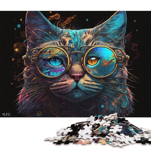 Puzzle 1000 Teile für Erwachsene, Galaxie-Katze mit Brille, Puzzle für Erwachsene, Holzpuzzle, interessantes Puzzle zur Stressreduzierung, 75 x 50 cm von LiJianXXS