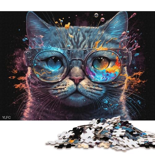 Puzzle 1000 Teile für Erwachsene, buntes Kätzchen mit Brille, Puzzle für Erwachsene, Holzpuzzle, interessantes Puzzle zur Stressreduzierung, 75 x 50 cm von LiJianXXS