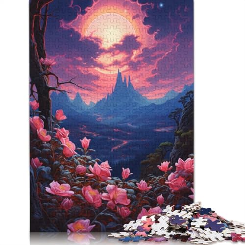 Puzzle Rosa Blumen unter dem Mond, 1000-teiliges Puzzle für Erwachsene, Kartonpuzzle für Erwachsene und Kinder, Denkspiel, 38 x 26 cm von LiJianXXS