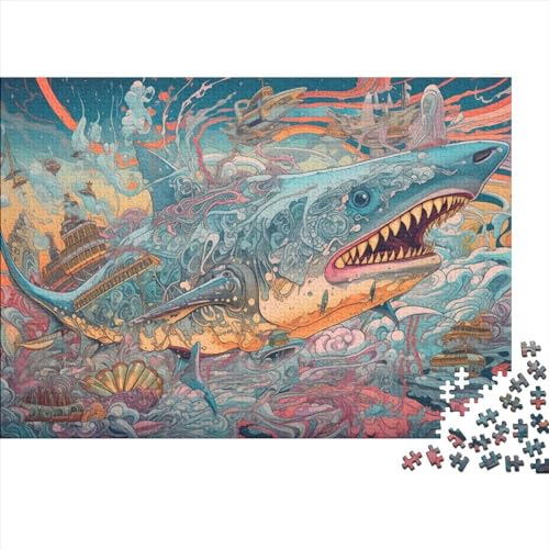 Puzzle für Erwachsene Hai unter Fischern, 1000 Teile, Holzpuzzle für Erwachsene und Familien, Puzzle zum Mitmachen, Spielgröße 50 x 75 cm von LiJianXXS