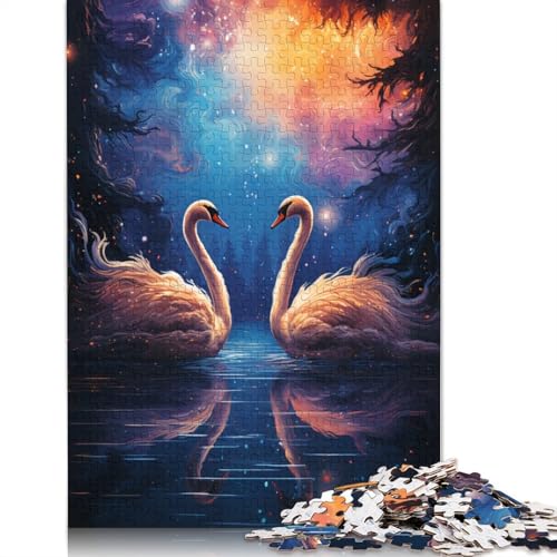 Puzzlespiel mit 1000 Teilen, farbenfrohes psychedelisches Galaxie-Schwanen-Puzzle für Erwachsene, Kartonpuzzle, Lernspiel, Herausforderungsspielzeug, 38 x 26 cm von LiJianXXS