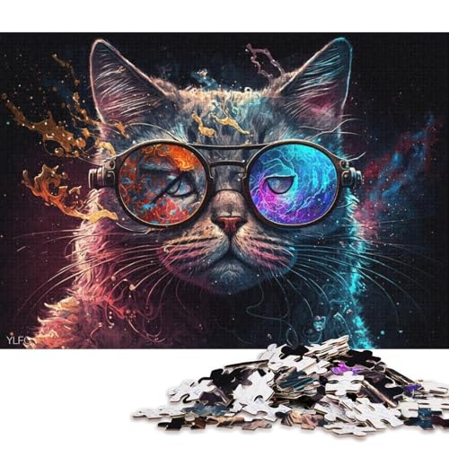 1000-teiliges Puzzle für Erwachsene, Galaxie-Katze mit Brille, Puzzle für Holzpuzzle, Spielzeug, Denkspiel (Größe 75 * 50 cm) von LiJianXXXB