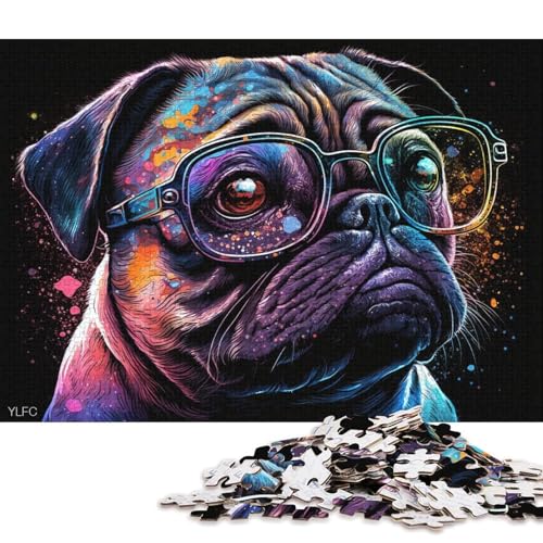 1000-teiliges Puzzle für Erwachsene, Mops mit Brille, Puzzle für Karton, Puzzlespielzeug, Denkspiel (Größe 38 * 26 cm) von LiJianXXXB