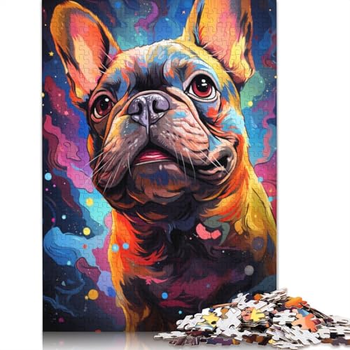 1000-teiliges Puzzle für Erwachsene, farbenfrohes psychedelisches französisches Bulldoggen-Puzzle für Erwachsene, Kartonpuzzle, Lernspiel für Erwachsene und Kinder, Größe 38 x 26 cm von LiJianXXXB